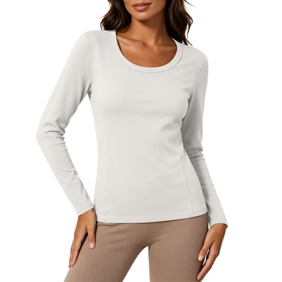 LAJPXKHY Tops for Women Crew Neck Long Sleeve Thermal Tops Slim Stretchy Fall Winter Base Layer Undershirt(X-Large,White)