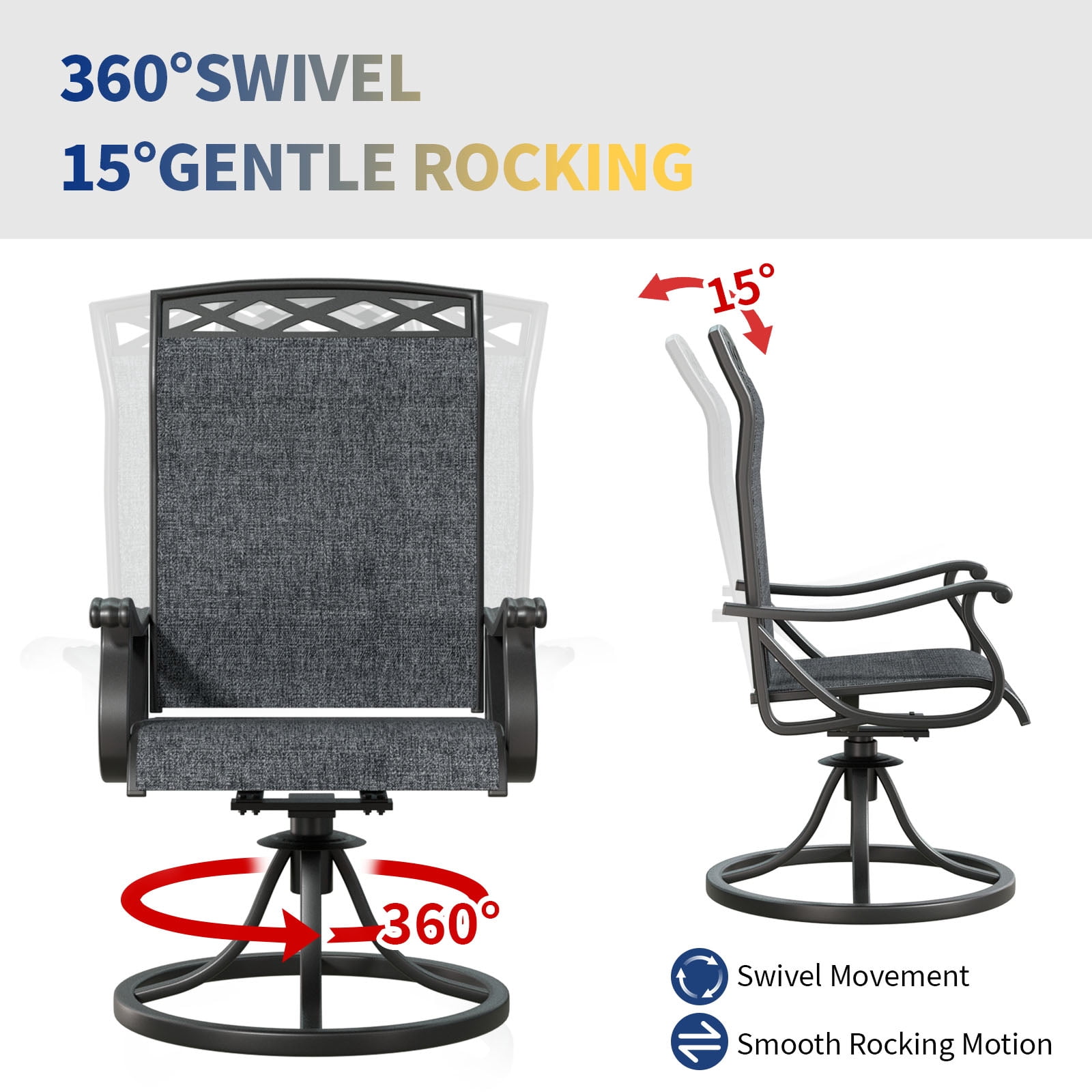 YLGJ Patio Swivel Chairs Set of 2, Outdoor Dining Chairs with Textilene High Back, All-Weather Rocker Chairs for Lawn and Porch, Gray