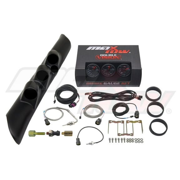 MaxTow | 2nd Gen 1998-2002 Dodge Ram 5.9 Cummins Black Triple Gauge Pillar Pod with Speaker Cutout and Black & Green Double Vision Series 60 PSI Boost Gauge, 1500 F EGT Pyrometer & Trans Temp Gauge