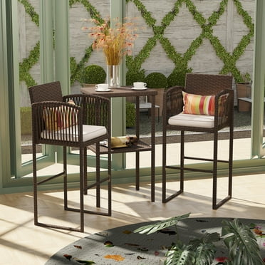 Outdoor 3 Piece Faux Wicker Bar Table Set Rattan Patio Furniture Chairs Sets with Cushion & Lumbar