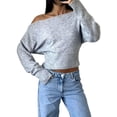thumbnail image 3 of Women'S Cropped Sweaters Long Sleeve Off the Shoulder Sweater Y2k Going Out Tops Gray M, 3 of 9