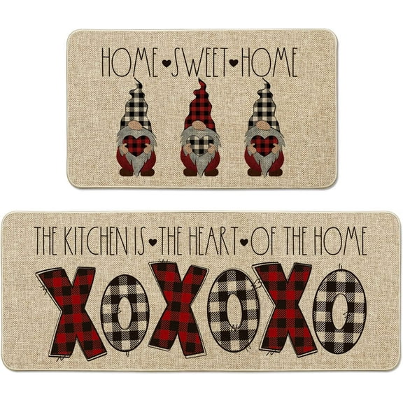 Love Heart Home Sweet Home Gnomes Kitchen Mats Set of 2, Seasonal Valentine''s Day Anniversary Wedding Holiday Low-Profile Floor Mat for Home Kitchen - 17x29 and 17x47 Inch