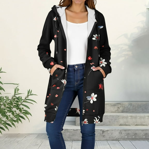 GaThRRgYP Women's Fuzzy Soft Winter Jacket,Women's Winter Casual Zipper Long Sleeve Pocket Hooded Mid-Length Printed Jacket Black S