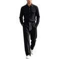 thumbnail image 3 of GrmtClth Mens Vacation Outfit 2 Piece Linen Sets Long Sleeve Dual Pocket Button Shirt Relax Fit Drawstring Straight Leg Trousers Multi Color Lightweight Daily Wear Set Black M, 3 of 6