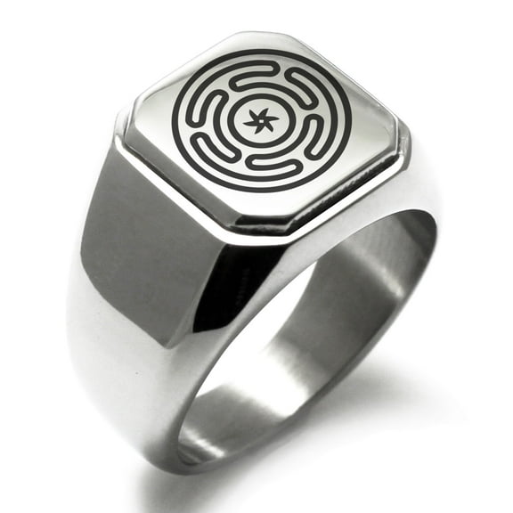 Stainless Steel Hecate Greek Goddess of Magic Engraved Square Flat Top Biker Style Polished Signet Ring