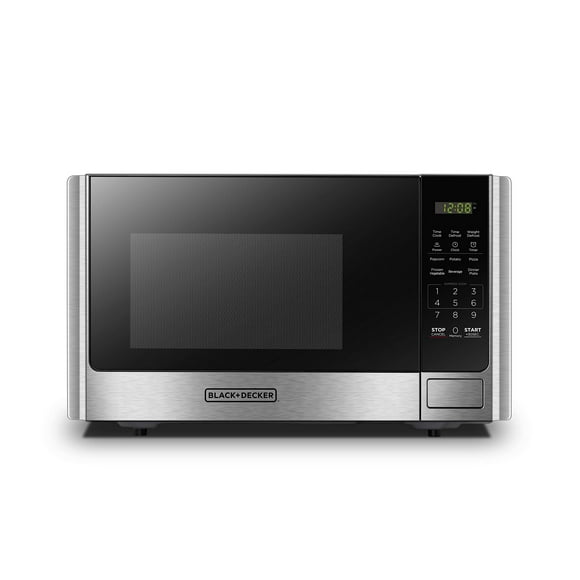 BLACK+DECKER - Horno de microondas digital con puerta giratoria con botón pulsador, cerradura de seguridad para niños, acero inoxidable, 0.9 pies cúbicos