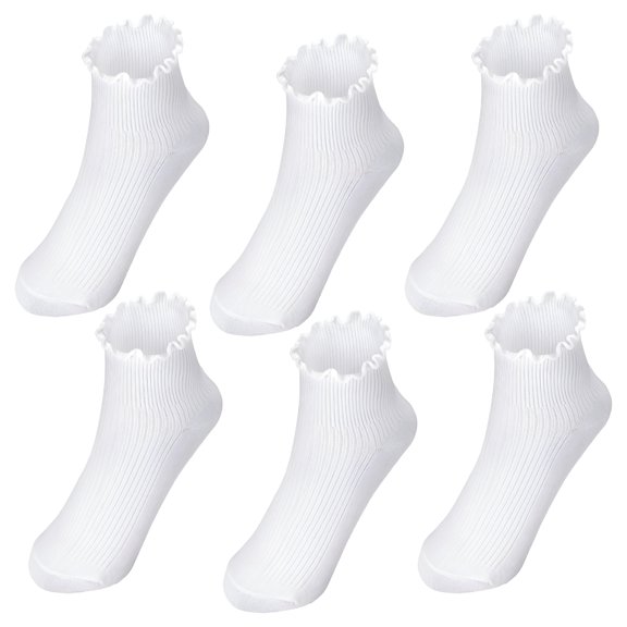 TELOLY 6 Pairs Women's Ruffle Socks, Turn-Cuff Casual Crew Socks, Super Soft Breathable Ankle Socks, Cotton Frilly Sock for Women Girl (White)