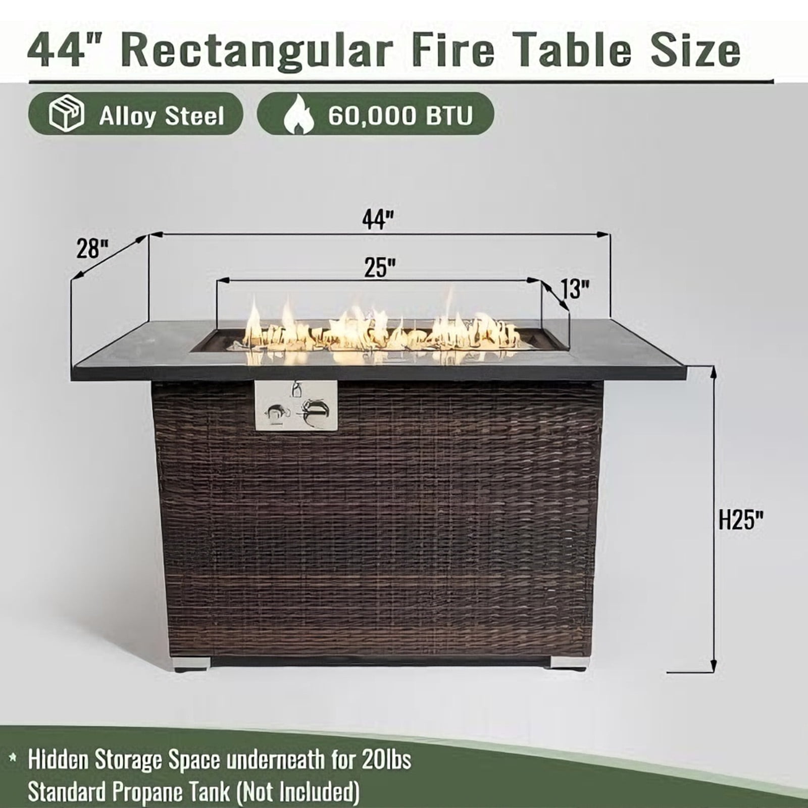 44" Outdoor Propane Fire Pit Table – 50,000 BTU Gas Firepit with PE Rattan Base,Ceramic Tabletop,Tempered Glass Shield – Includes Lid & Weatherproof Cover for Deck,Garden,Backyard