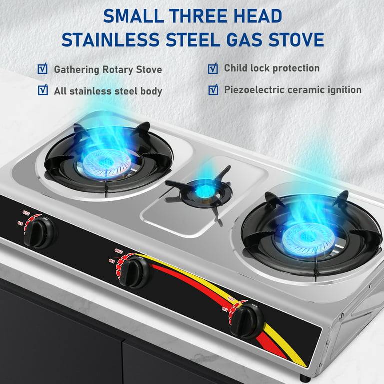 Jadeshay Propane Gas Cooktop 3 Burners Gas Stove Portable Gas Stove  Thickened Stainless Steel Double Burners Stove Auto Ignition Camping Double  Burner LPG for RV,Apartments,Outdoor 
