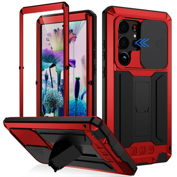 Aluminum Metal Gorilla Glass Shockproof Military Heavy Duty Sturdy Case for Samsung Galaxy S24,Dteck Built-in Screen Full Body Protector Silicone Case Slide Lens Protection Kickstand Cover,Red