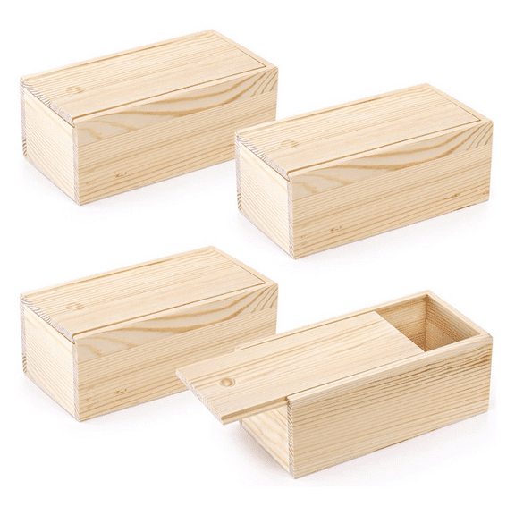 4 Pack Unfinished Wood Storage Box with Slide Lid, Vintage Keepsake Case Cards Container Small Gift for Art Hobbies