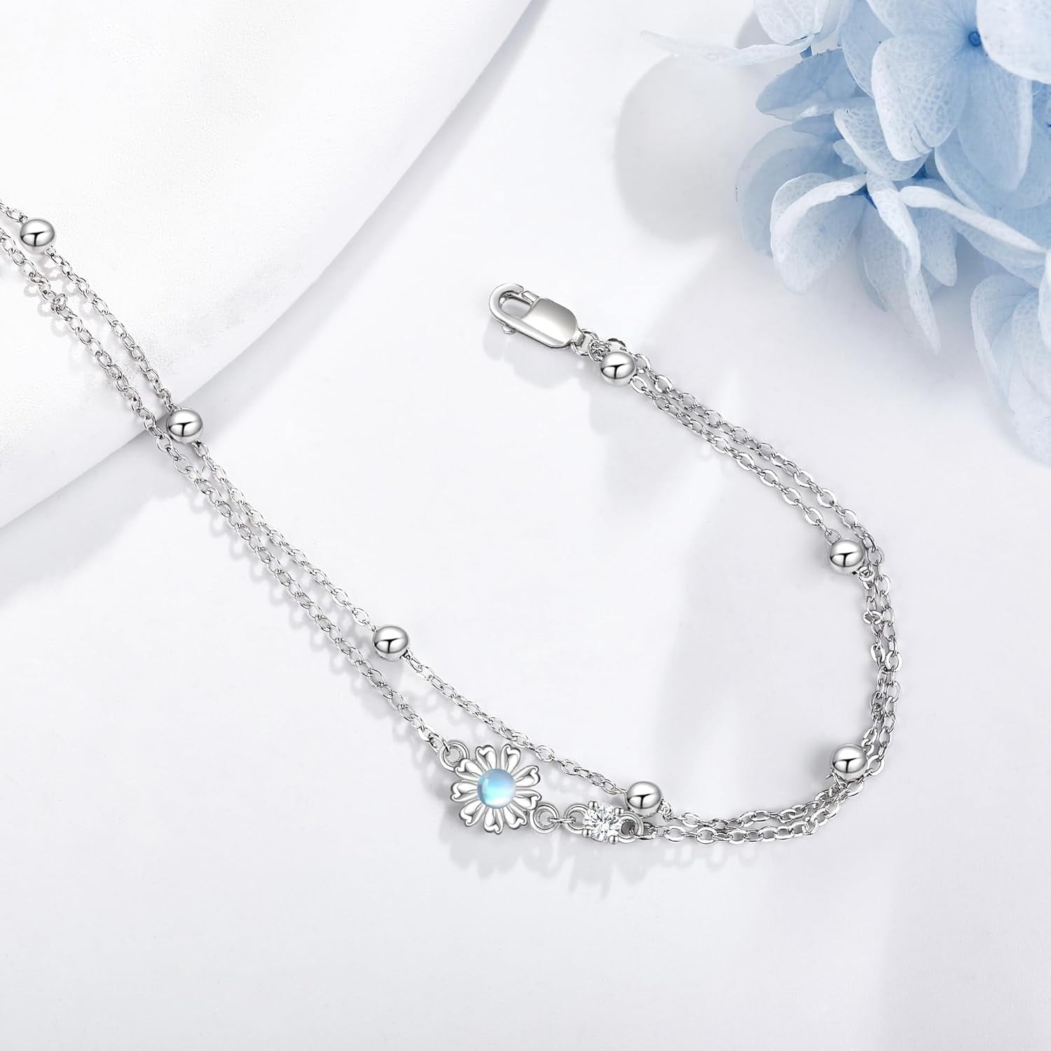 Daisy Moonstone Anklet Sterling Silver Daisy Flower Layered Ankle Bracelet Daisy Moonstone Jewelry for Women Gifts