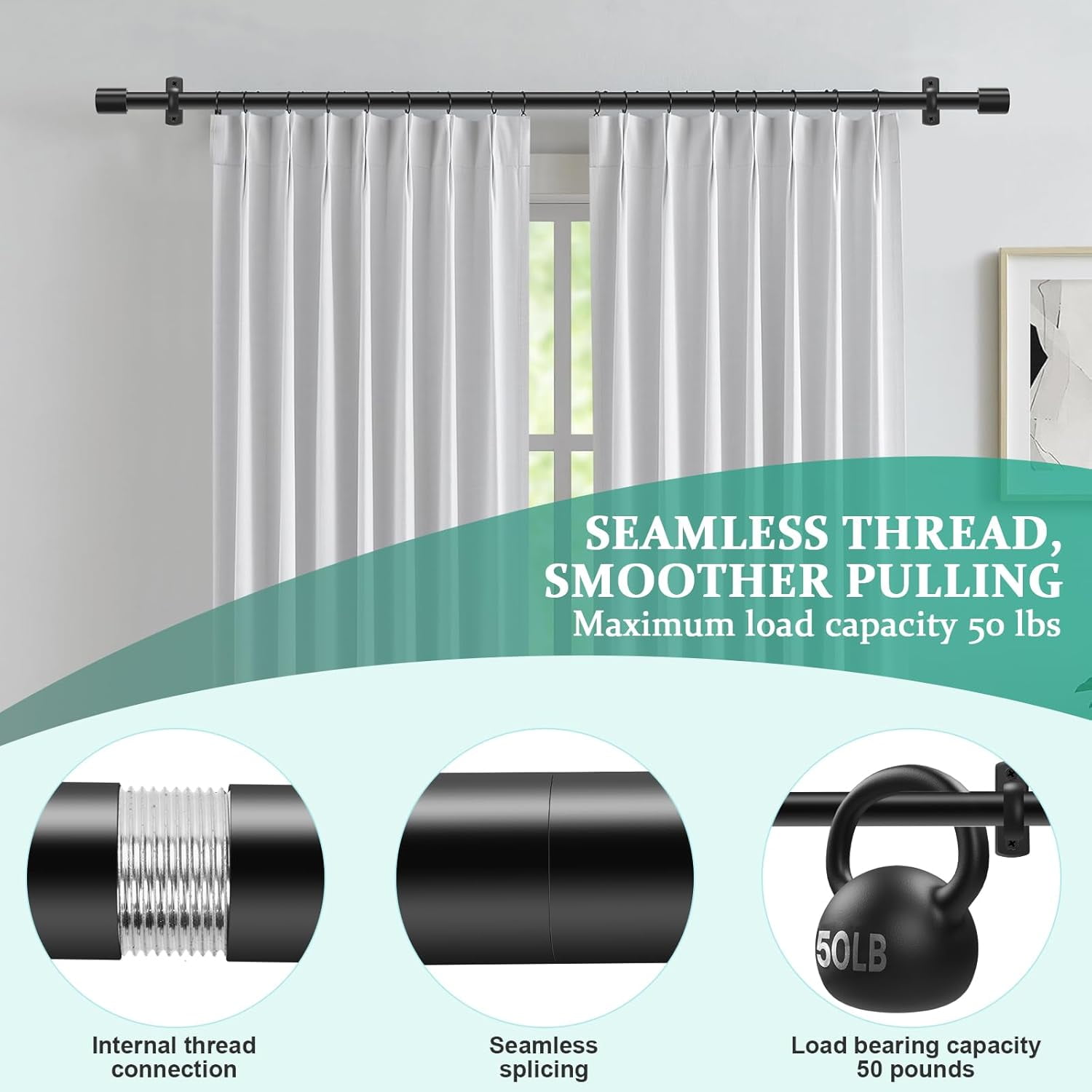 Extra Long Curtain Rods for Windows 120 to 240 Inches, Adjustable 1 Inch Black Curtain Rod for Outdoor Indoor, Modern Heavy Duty Drapery Rod, Room Divider 200 Inch Rods, All Metal, Easy Install