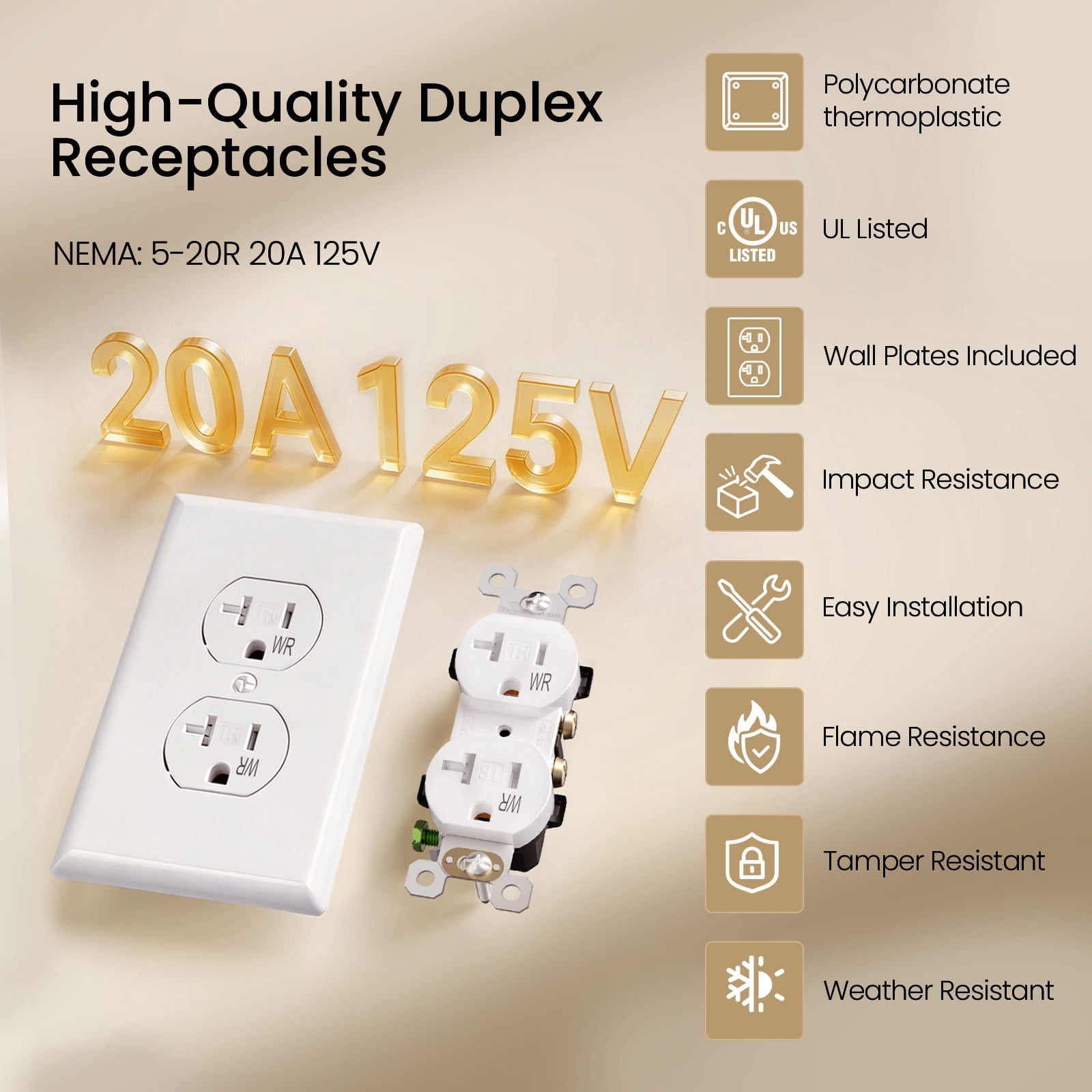 ELEGRP Duplex Receptacles 2-Pole 3-Wire Grounding Tamper-Resistant Weather-Resistant 20A 125V NEMA 5-20R White 20 Pack
