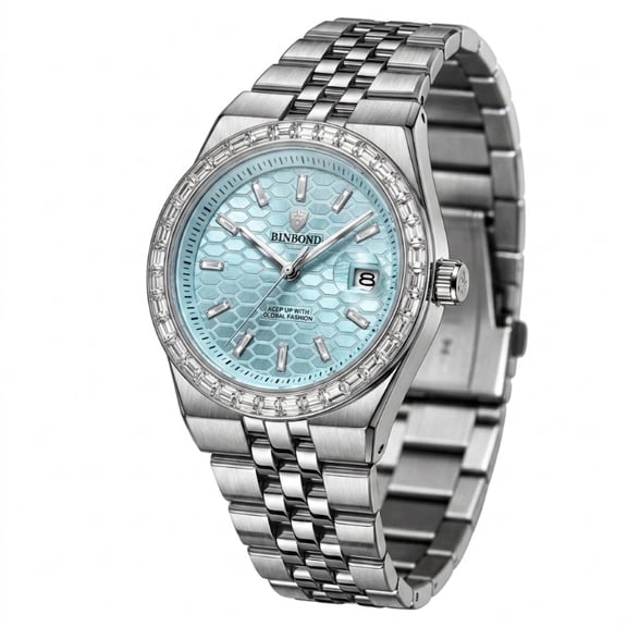 Men's Quartz Business Wrist Watch, Crystal‑Encrusted Bezel, Date Display, Multi‑Link Stainless Steel Bracelet Dress Watch