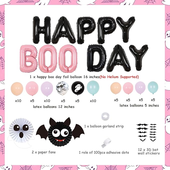 Happy Boo Day Party Decorations Girl, Boo Themed Birthday Party Macaroon Halloween Balloon Garland Arch Kit with Ghost Bat Balloons 3D Bats Wall Stickers for Halloween 1st 2nd 3rd Bday Party Decor