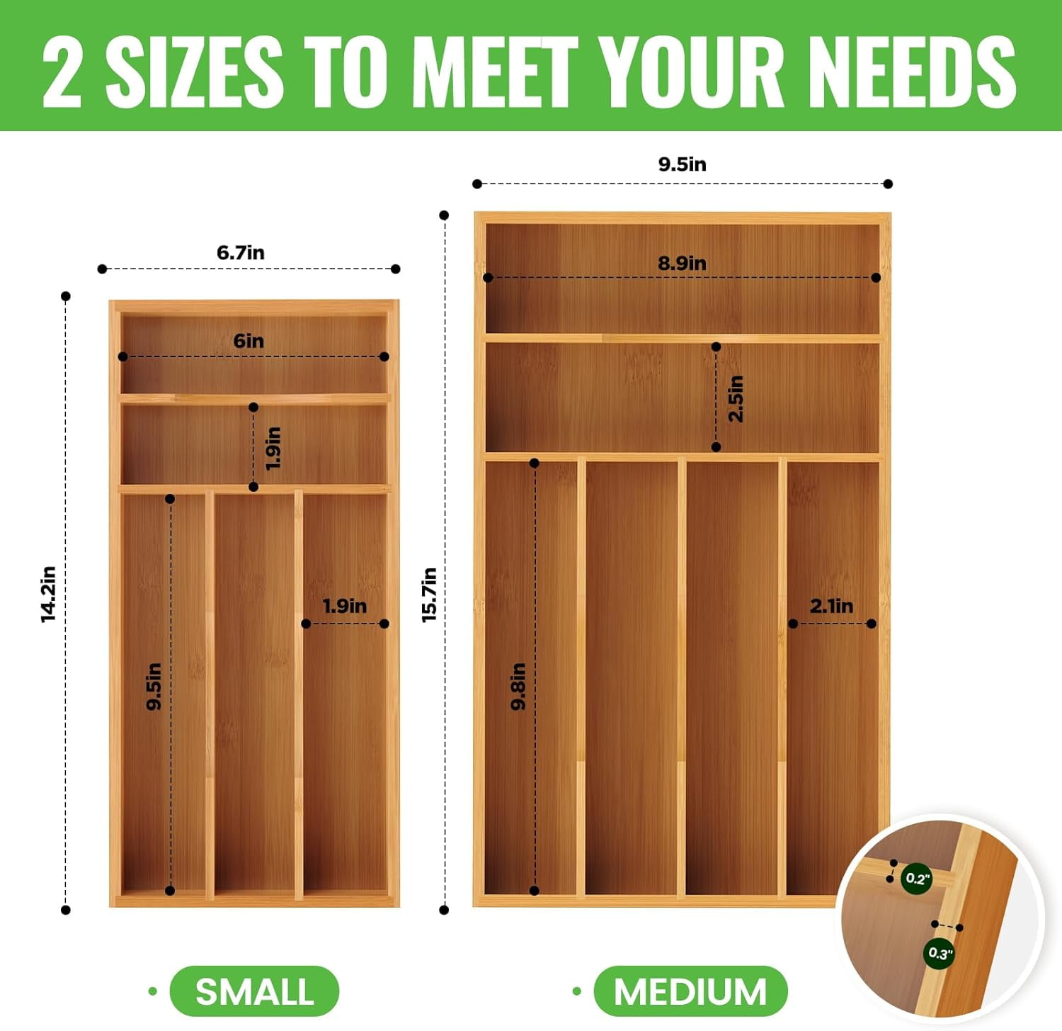Bamboo Silverware Organizer, Bamboo Kitchen Drawer Cutlery Organizer, Utensil Holder, Flatware Organizer Tray (15.8"x9.5"x1.6")