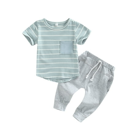 

jaweiw Baby Toddler Boy Outfit Set Stripe Patchwork Pocket Short Sleeve T-shirt with High Waist Long Pant Clothing Size 0 6 12 18 24 M 3 Years