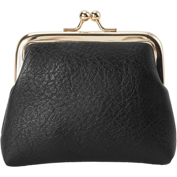 Black Kiss Lock Mini Wallet Vintage Leather Coin Purse Ladies Money Pocket Metal Frame Compact Hand-held Slim Wallet Gift for Women Men Credit Card Keys Coin Headset Storage 4.1x4.3x1.2in Mixed Color
