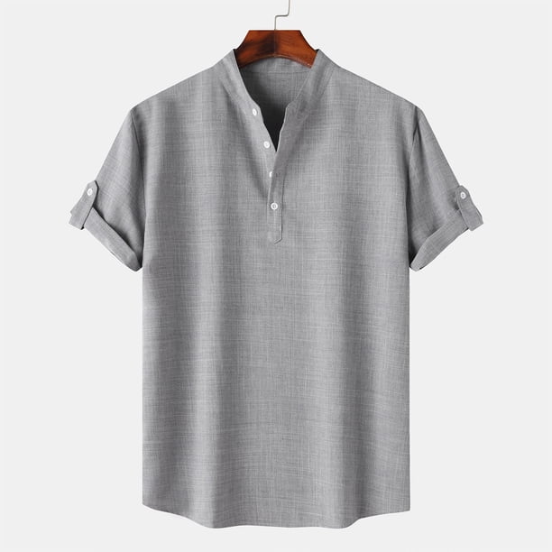 pstuiky Mangas cortas para hombre, Camisa hawaiana informal de manga corta con cuello alto y botones para hombre ropa de hombre l