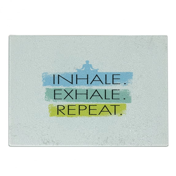 Inhale Exhale Cutting Board, Woman on Lotus Pose Practice Retreat, Decorative Tempered Glass Cutting and Serving Board, Small Size, Yellow Green Pale Blue, by Ambesonne