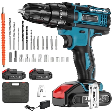 DEISNGB 21V Cordless Power Drill Set, Power Drill Driver Kit with 2 Lithium-ion Battery and Charger, 3/8-Inch Keyless Chuck, 2 Variable Speed, 25 3 Position and 25pcs Drill/Driver Bits
