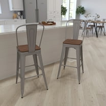 Merrick Lane 30" High Silver Metal Barstool with Back and Wood Seat