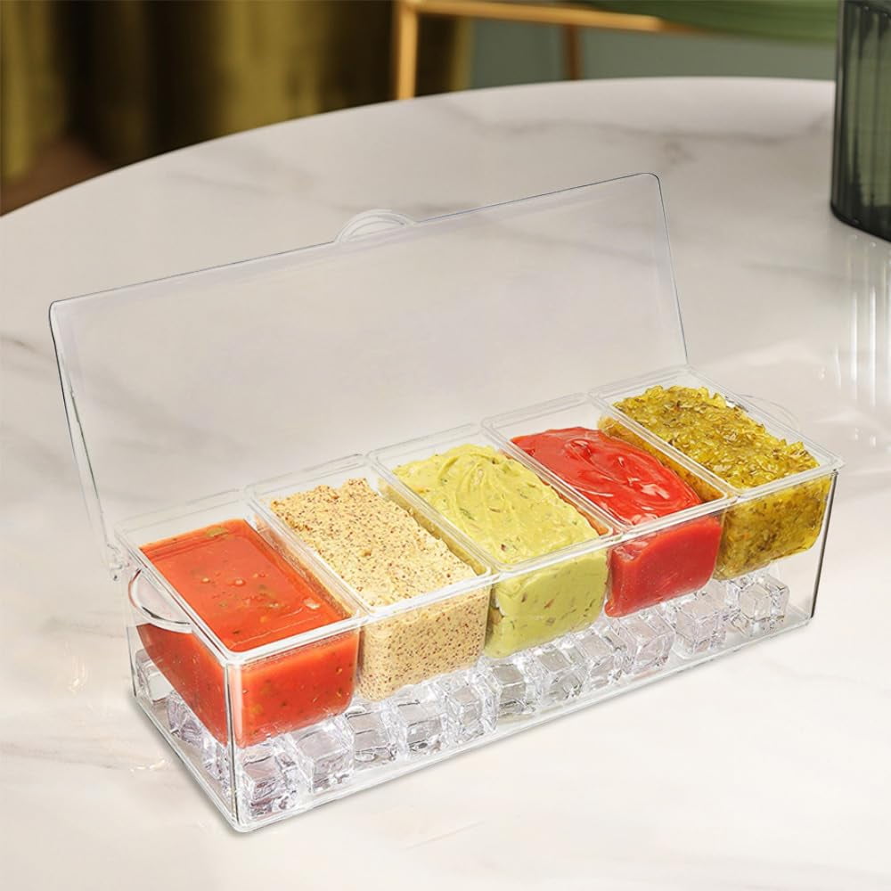 Chilled Condiment Server with Lids,Serving Trays,Condiment Caddy with 5 Containers,Ice Fruit Tray Platter for Bar Accessories,Salad,Taco,Party Garnish