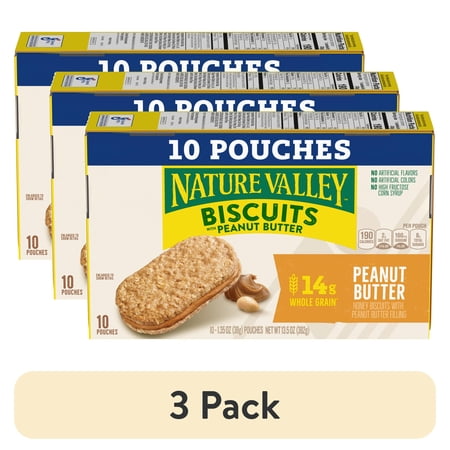 (3 pack) Nature Valley Biscuit Sandwiches, Peanut Butter, Snack Bars, 10 Bars, 13.5 oz