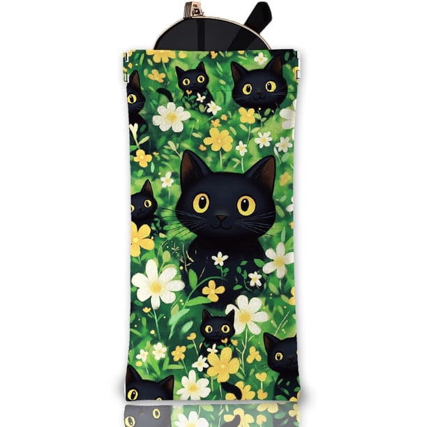 Estuche blando para gafas Black Cat con diseño de flores y tapa apretable, estuche de viaje de piel sintética para gafas de sol, bolsa portátil para gafas de sol para mujeres y hombres.