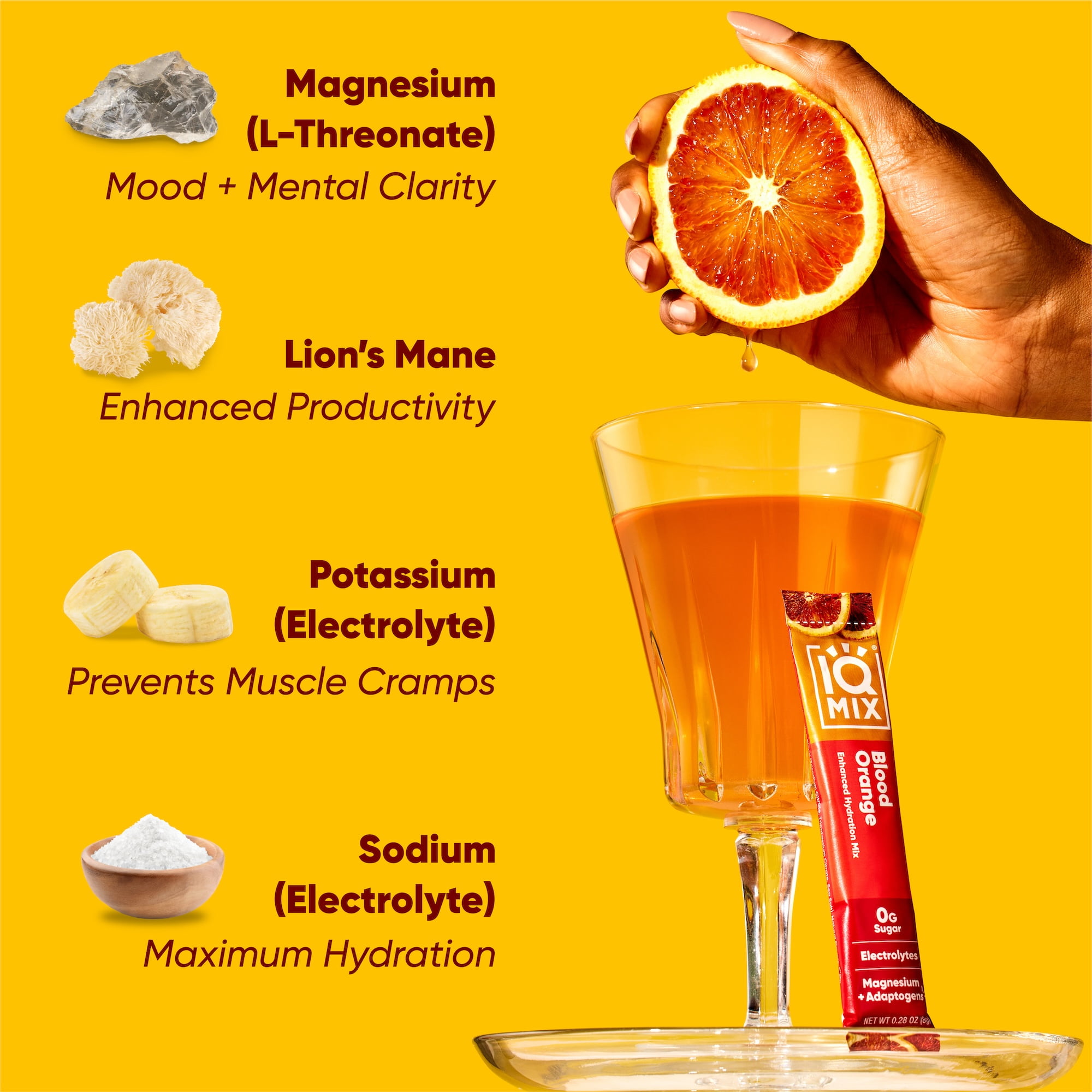 IQMIX Sugar Free Electrolyte Powder Packets - Keto Electrolytes with Lions Mane, Magnesium L-Threonate, Potassium Citrate - Blood Orange (20-Count)