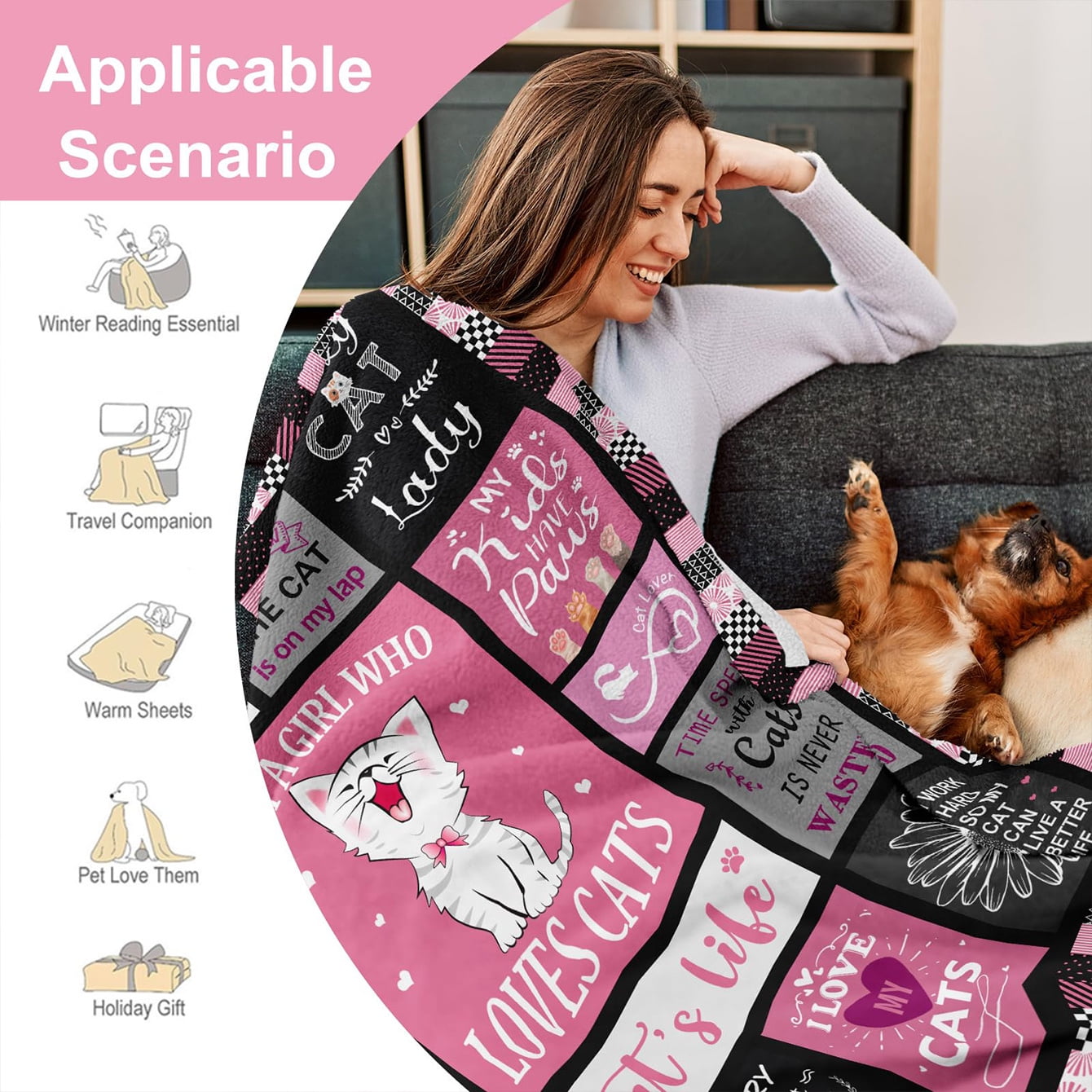 Cozy Cat Themed Flannel Throw Blanket Perfect Gift for Cat Lovers Women & Girls Soft Warm & Machine Washable Pink Striped Design