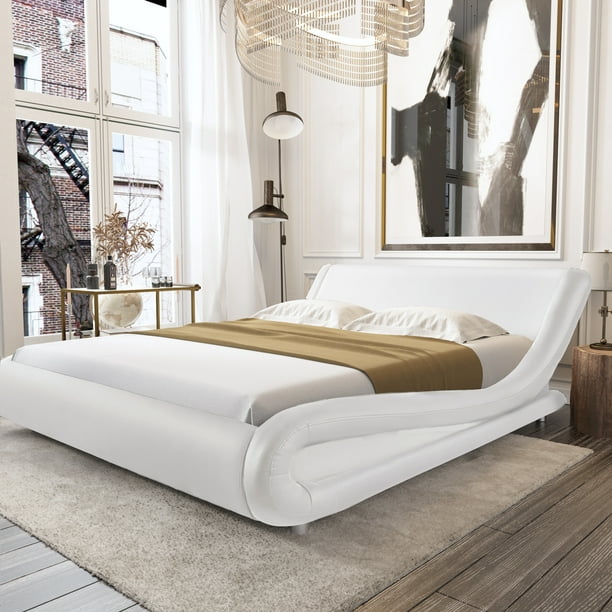 Amolife King Size Platform Bed Frame, White Leather Platform King Bed