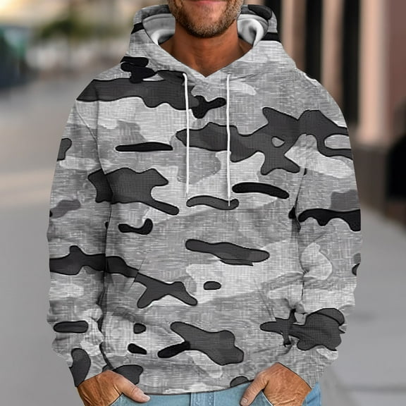 Awdenio Mens Sweatshirts Fashion Drawstring Camouflage Print Loose Pullover Printed Pocket Long-sleeved Top Hoodie Winter Fall Outfits