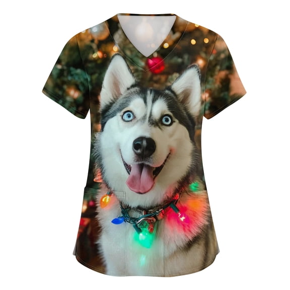 Christmas Printed Scrub Tops Women V Neck Short Sleeve Shirts Cute Cartoon Patterned Breathable Stretch Medical Nursing Uniforms with Pockets