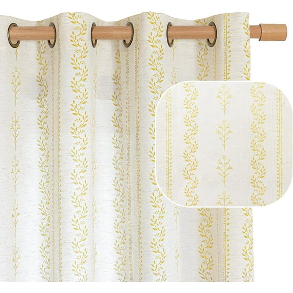 Mustard Yellow Vintage Floral Linen Curtains for Farmhouse - Boho Curtains 63 Inch Long Light Filtering Window Drapes for Country Rustic Bedroom, Each 52 Inch Wide, 2 Panels Set