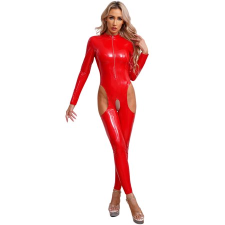 IEFIEL Womens Latex Cutout Crotch Jumpsuit Zippered Long Sleeve Bodysuit Full Pole Dance Catsuit Clubwear Red XL