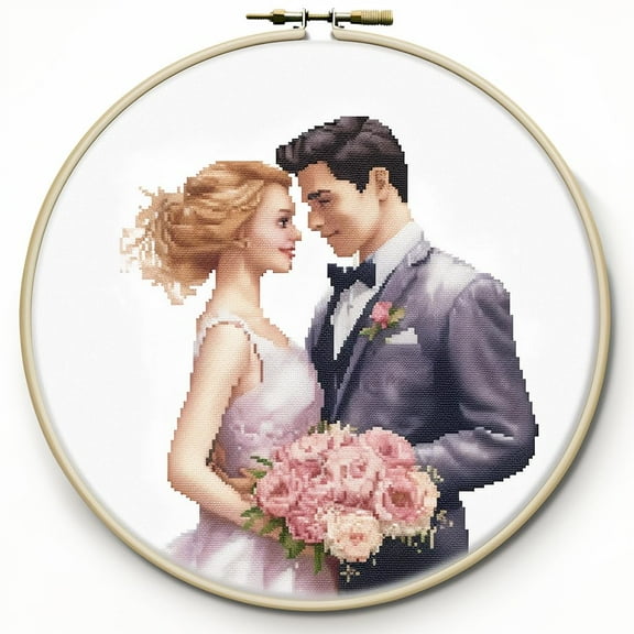 Wedding Couple DIY Stamped Cross Stitch Kits for Beginners Easy with Hoop 11CT Needlepoint Embroidery Counted Cross Stitch Kits Art Craft Wall Decor and Gift 35x35cm(1)