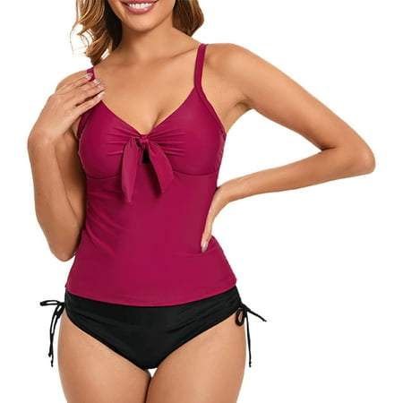 Womens Bikinis Summer Solid Color Spaghetti Strap Camisole And Panty Set Split High Waist Backless Two Piece Tankini Swimsuits For Women Holiday Wear Red XL