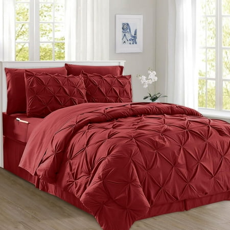Elegant Comfort 8-Piece Pinch Pleated Comforter Set - All Season Bed in a Bag, Includes Smart Sheet Set, Bed Skirt, Comforter, Pillowcases & Shams, Twin/Twin XL, Wine Red