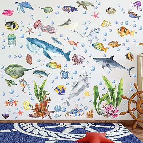 Glow in The Dark Ocean Fish Wall Decals,Under The Sea Wall Stickers Decals Decor Luminous Sea Life Animals Waterproof Stick Wall Decal for Kids Boys Bedroom Watercolor Creatures Decor (Ocean)