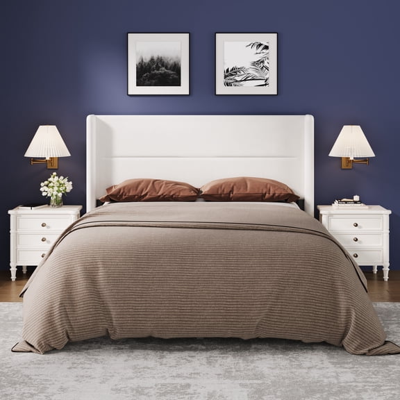 Full Size Upholstered Platform Bed Frame – Modern Wingback Headboard, Reinforced Wooden Slats, No Box Spring Needed, Under Bed Storage – White Flannel