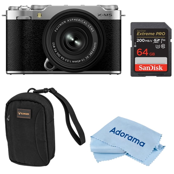 Fujifilm X-M5 Mirrorless Camera with XC 15-45mm f/3.5-5.6 OIS PZ Lens, Silver, Bundle with 64GB Memory Card, Camera Case