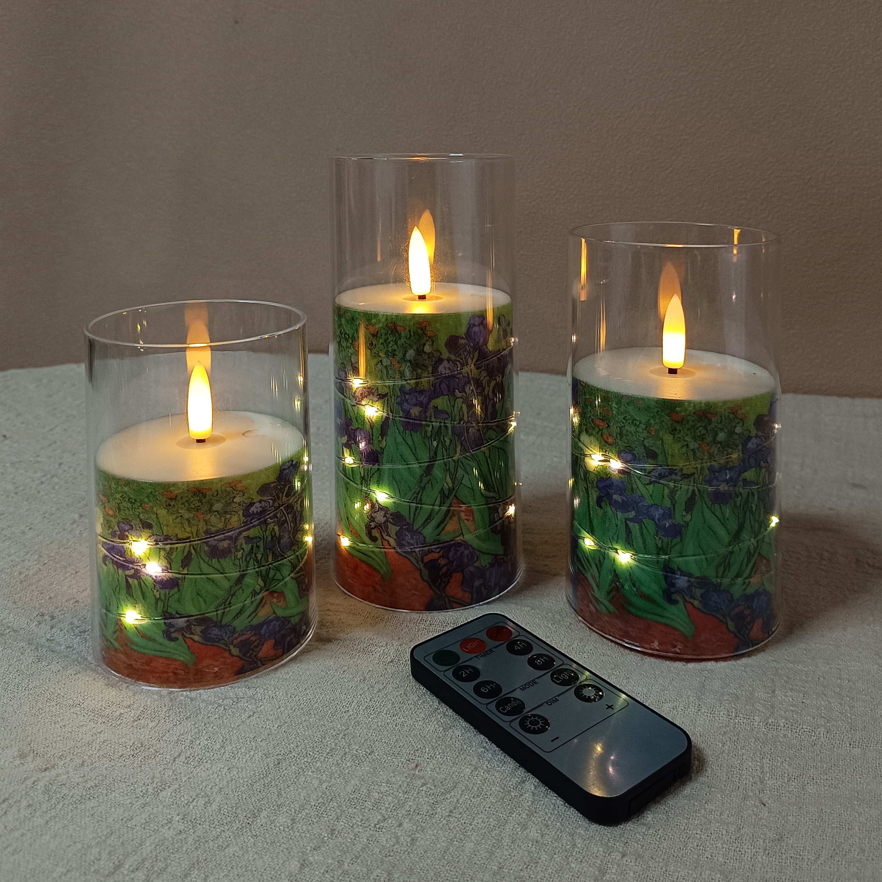 Flameless Candles with String Lights LED Candle Battery Operated Candles with Remote Control,Printed Pillar LED Candles for Wedding Holiday Party Table Home Decorations,Set of 3