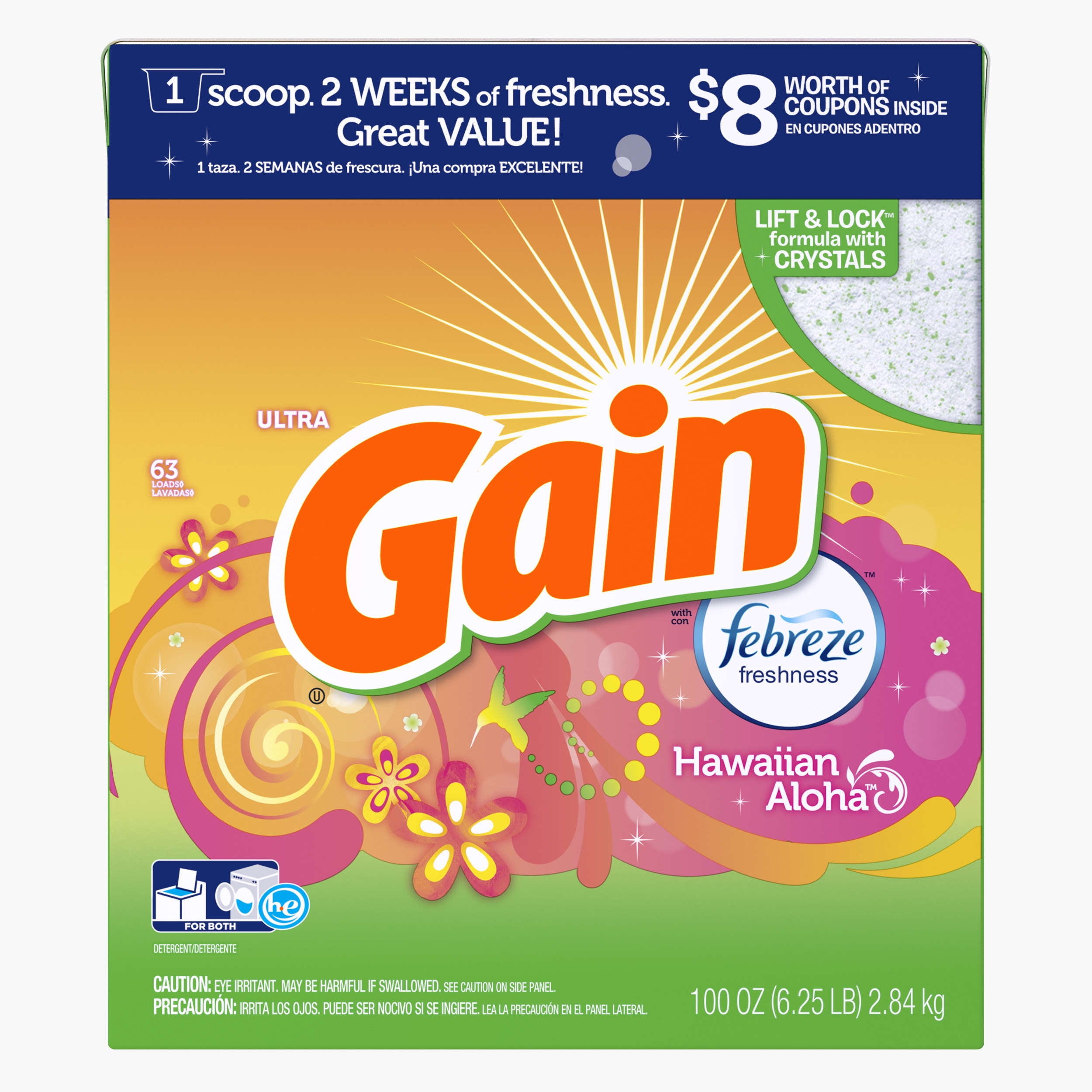 Gain Powder Laundry Detergent, Hawaiian Aloha, 63 Loads 100 Oz