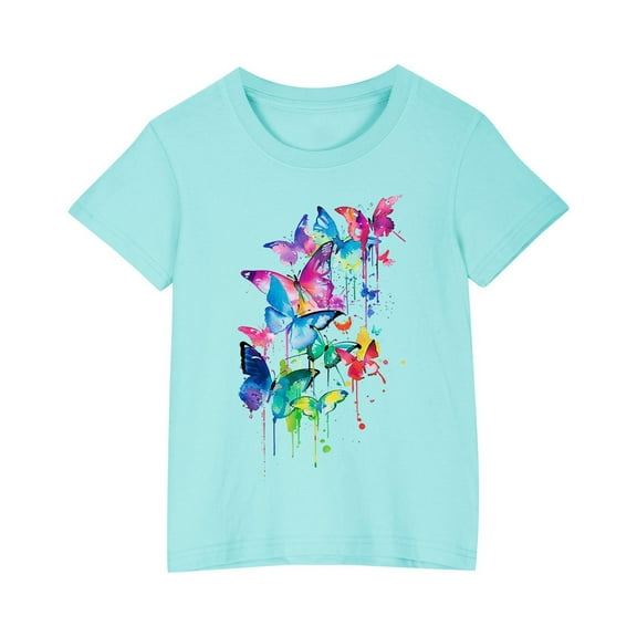 AJTQTH Butterfly Print Novelty Tshirts for Boys Girls Kids Unisex Short-Sleeved Tops Summer Casual Soft Outfits Round Neck Shirts Cotton Cute Tees Blouses Blue 5 Years