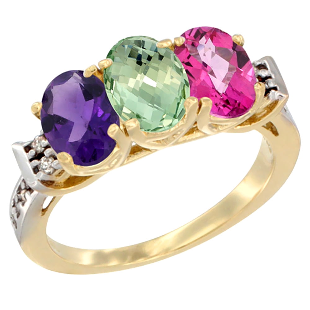14K Yellow Gold Natural Amethyst, Green Amethyst & Pink Topaz Ring 3-Stone 7x5 mm Oval Diamond Accent, sizes 5 10 by WorldJewels