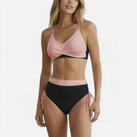 Swim Women s Two-Tone Bikini Set with Double Strap Top and High Waist Ruched Bottom with Side Tie Detail - Small  Mauve Pink