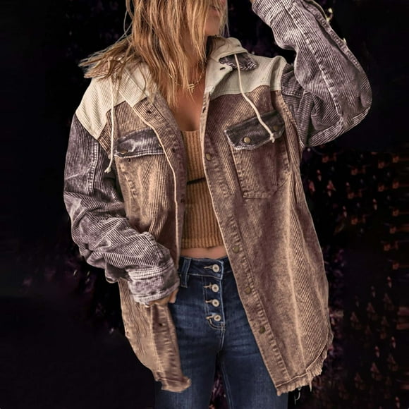 EGNMCR Womens Plaid Shacket Jacket, Long Sleeve Button Down Fleece Hooded Jackets, Warm Coat Women Fashion Worn Out LooseLong Sleeve Hooded Casual Outwear Jackets Women Coat