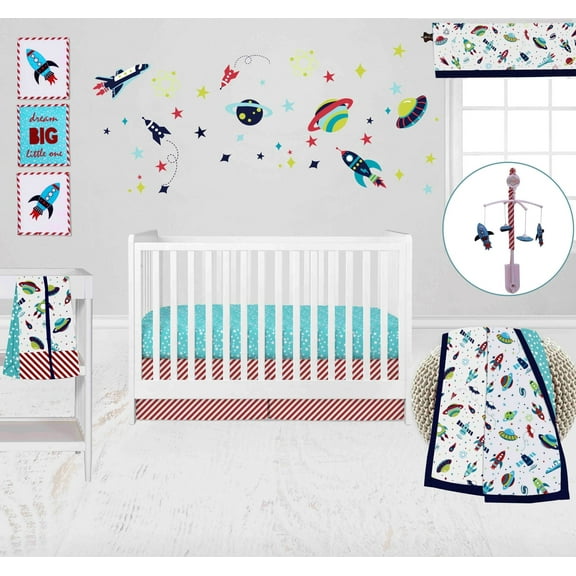 Bacati - Airspace 10-Piece Crib Bedding Set with Two Crib Sheets - Aqua/Navy/Green/Red Boys